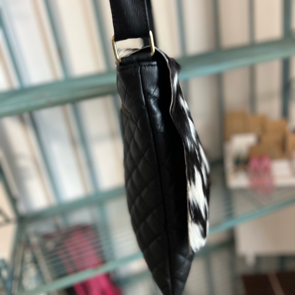 New Genuine Cowhide & Quilted Leather Crossbody Flap Bag Western Festival Black - Picture 7 of 16